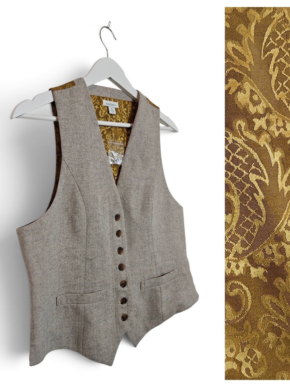 Sundance Vest M Wool Tweed Herringbone Paisley Brocade Boho Academia Beige Brown - Picture 1 of 10